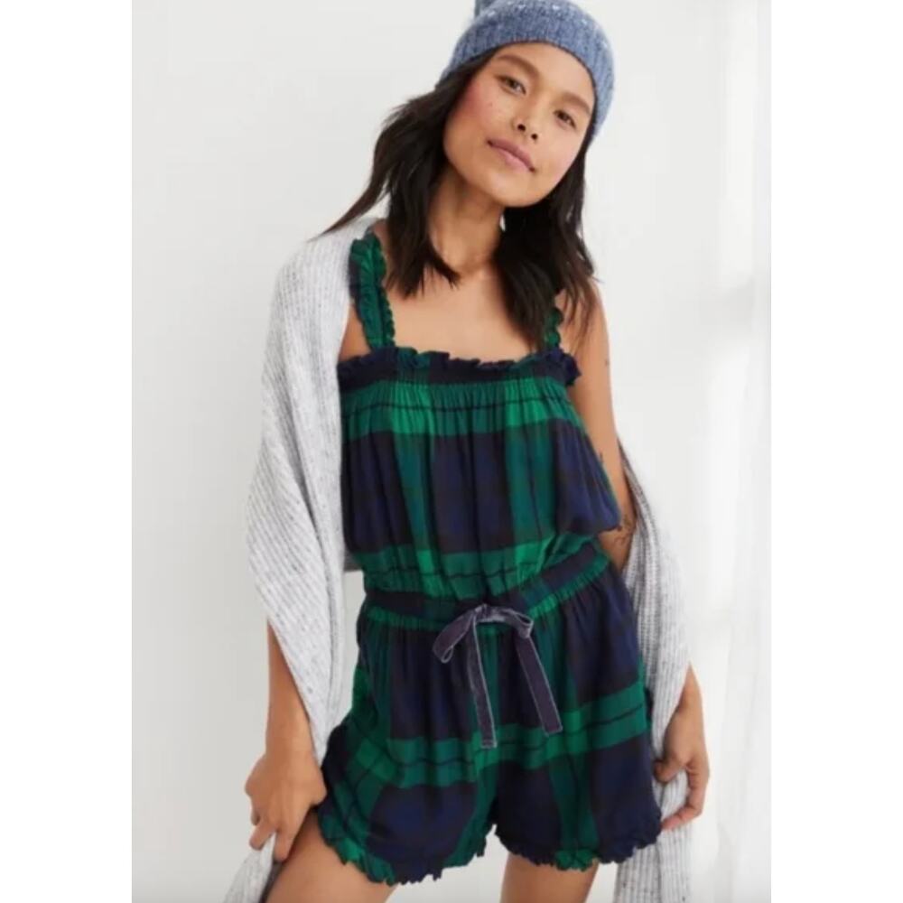 Aerie | NWT Flannel Plaid Romper in Green Blue | Sz XS